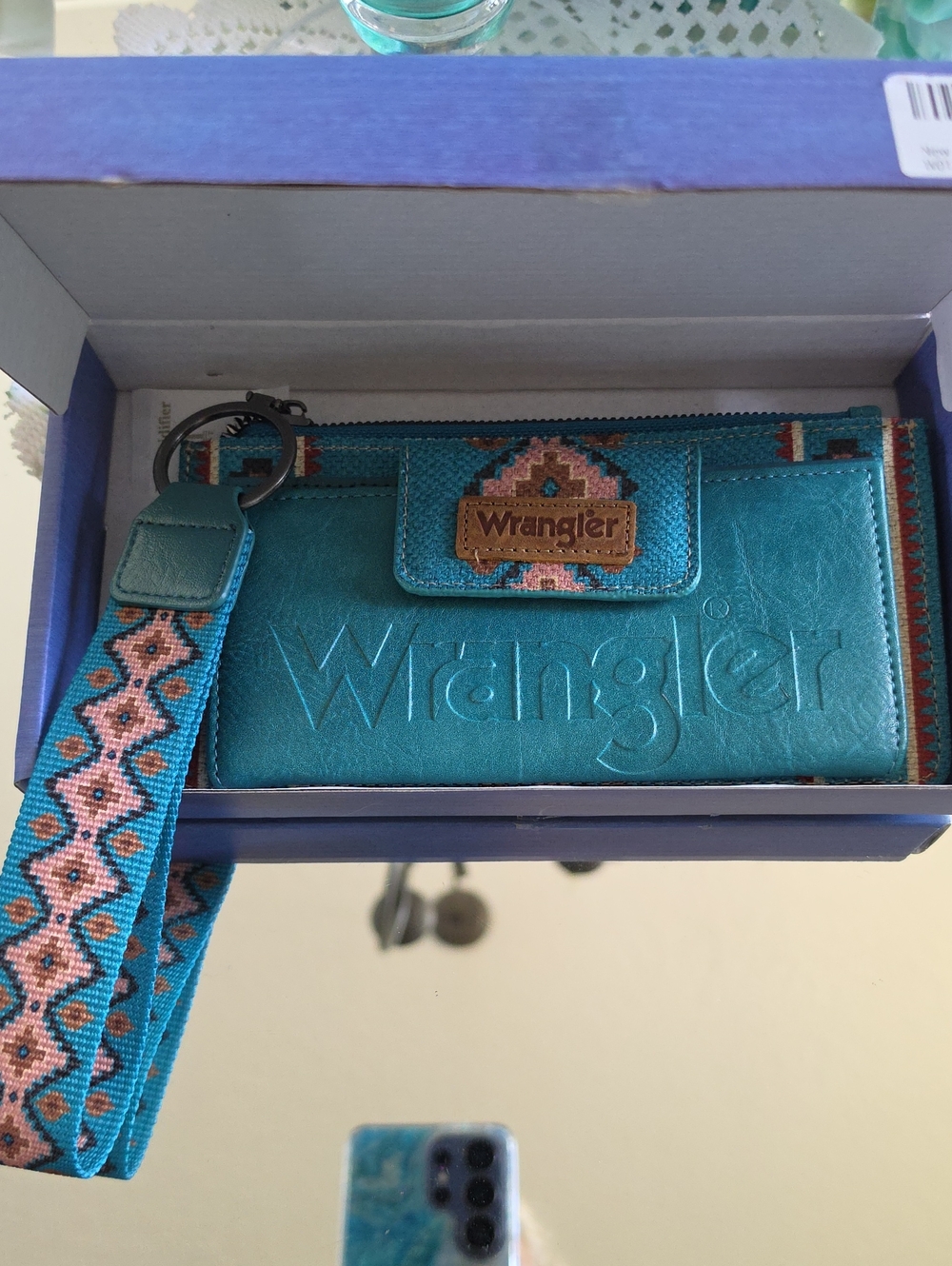 Wrangler Teal Embossed Wallet with Patterned Wristlet Strap